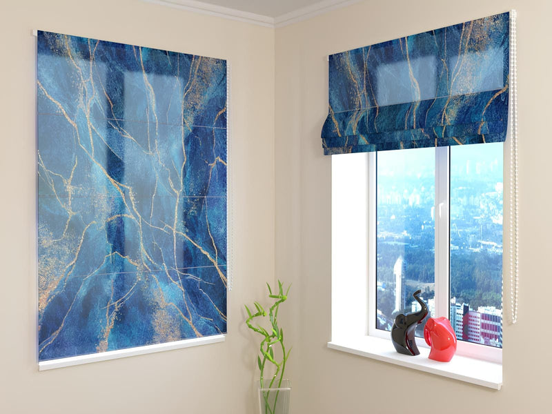 Blinds with an abstract pattern: Blue marble with gold elements Tapetenshop.lv