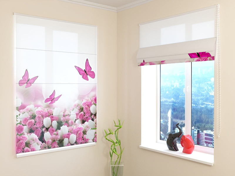 Blinds with butterflies - Purple butterflies and flowers - buy at Tapetenshop.lv