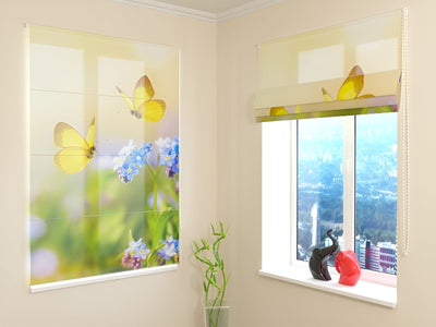 Blinds with butterflies - Blue flowers and yellow butterflies - better price Tapetenshop.lv