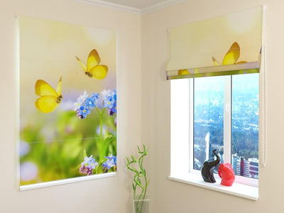 Blinds with butterflies - Blue flowers and yellow butterflies - better price Tapetenshop.lv