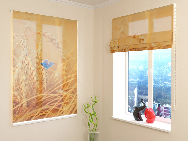 Blinds with butterflies - Blue butterfly on a golden wheat field - order Tapetenshop.lv