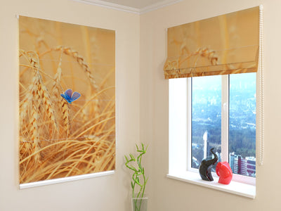 Blinds with butterflies - Blue butterfly on a golden wheat field - order Tapetenshop.lv