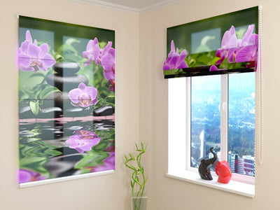 Blinds with flowers - Orchids in the garden - green/pink, price Tapetenshop.lv