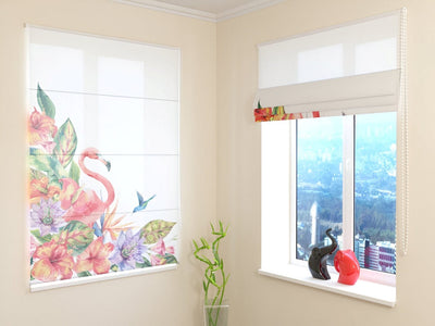 Blinds with flowers - Pink flamingo with flowers - bright colors Tapetenshop.lv