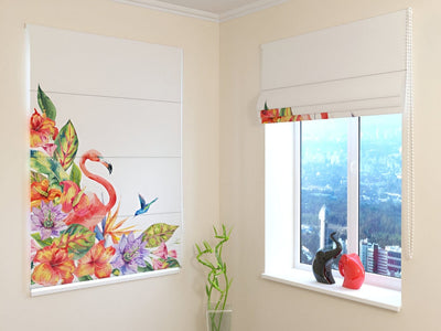 Blinds with flowers - Pink flamingo with flowers - bright colors Tapetenshop.lv