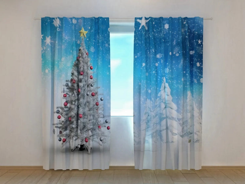 Christmas curtains for living room - White Christmas trees Tapetenshop.lv