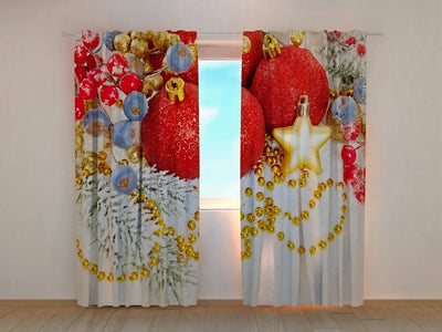 Christmas curtains with bright red festive decorations Tapetenshop.lv