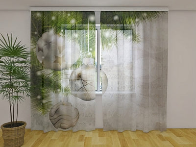 Christmas curtains - background of festive decorations and pine branches, order at Tapetenshop.lv