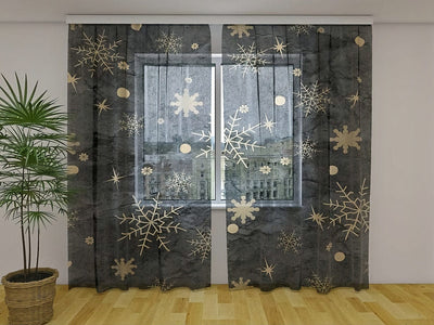 Christmas curtains decorated with charming gold snowflakes - buy at Tapetenshop.lv