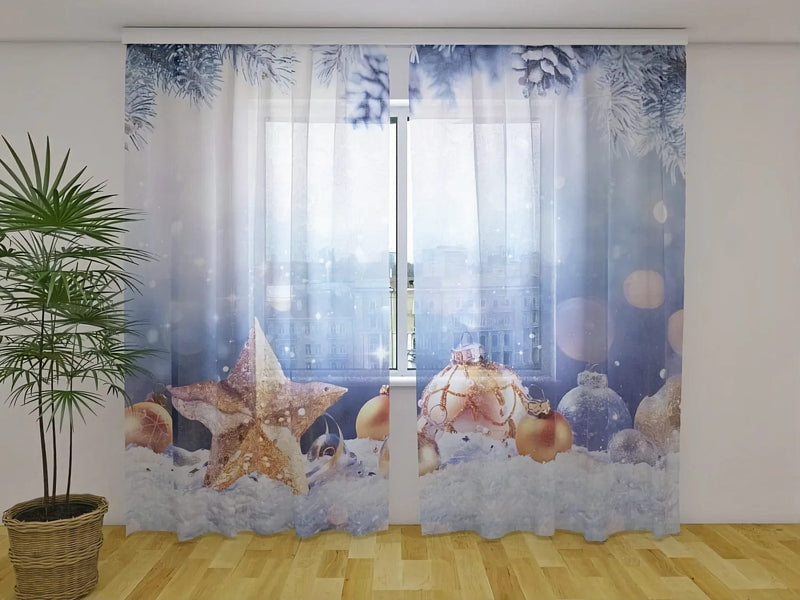 Christmas curtains - Golden star on the snow - to order Tapetenshop.lv