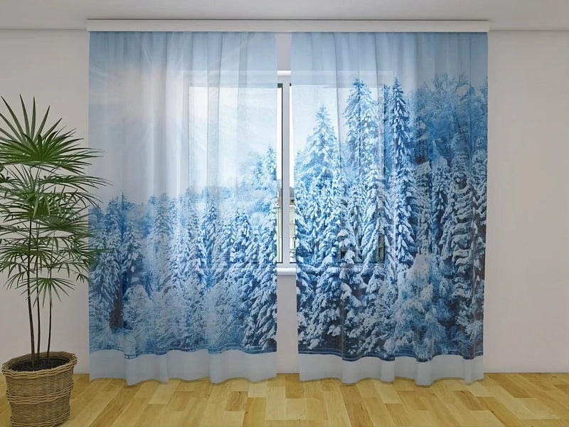 Christmas curtains with realistic winter forest landscape - Winter forest Tapetenshop.lv