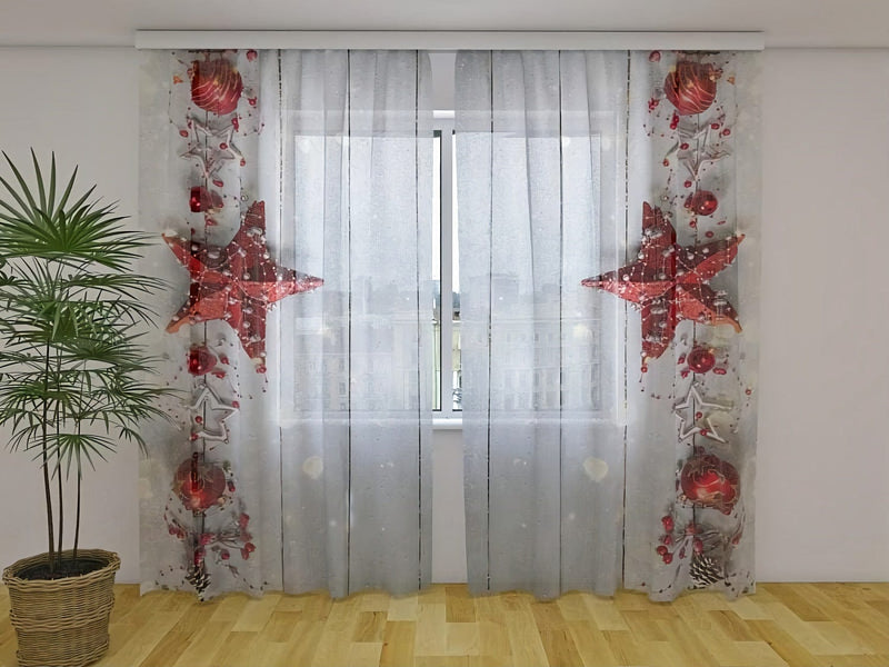 Christmas curtains - decorated with bright red starsTapetenshop.lv