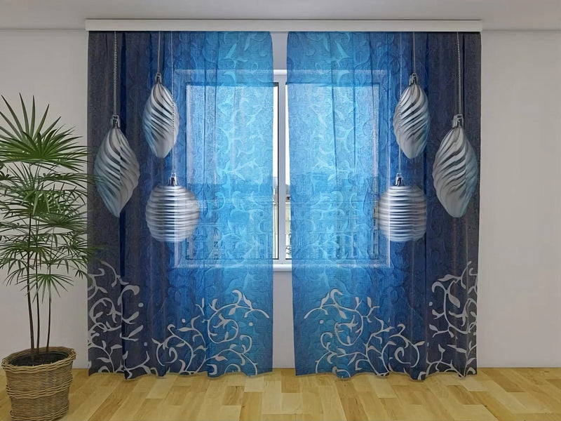 Christmas curtains - Christmas decor (silver and blue) Tapetenshop.lv