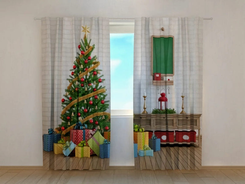 Christmas curtains -Christmas tree, decorated with gifts Tapetenshop.lv