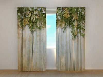 Christmas curtains with fir branches and festive decorations - buy at Tapetenshop.lv