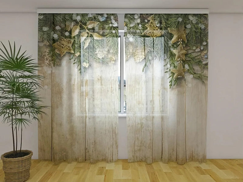 Christmas curtains with fir branches and festive decorations - buy at Tapetenshop.lv