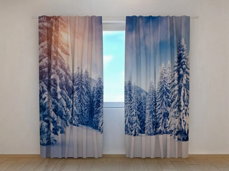 Christmas curtains - a magical view of snow-covered trees at sunset Tapetenshop.lv