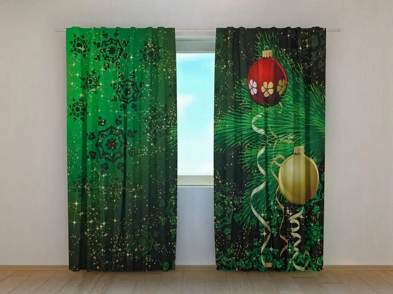 Christmas curtains with green and golden colour combination - order at Tapetenshop.lv