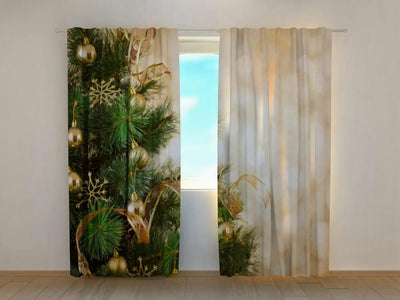 Christmas curtains with golden ornament and spruce branch - buy at Tapetenshop.lv