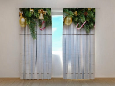 Christmas curtains - realistic pattern of festive bells and spruce branchesTapetenshop.lv