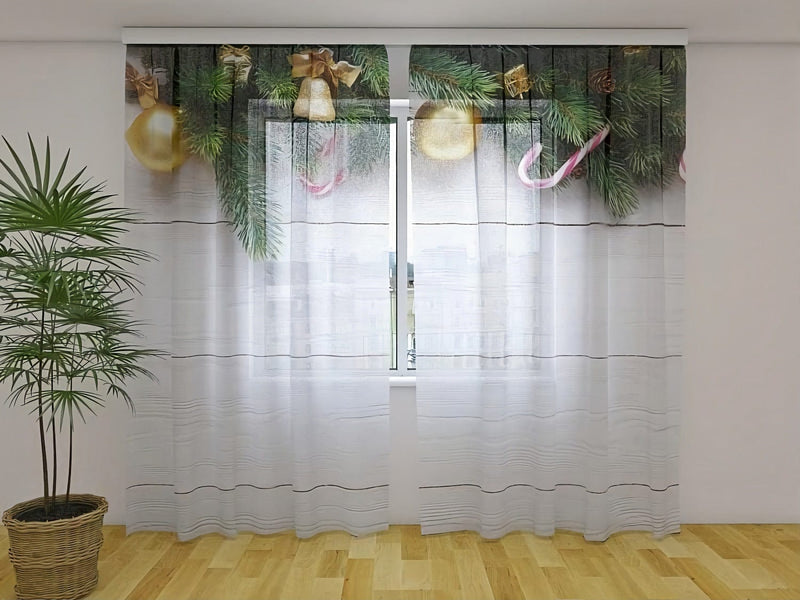 Christmas curtains - realistic pattern of festive bells and spruce branchesTapetenshop.lv