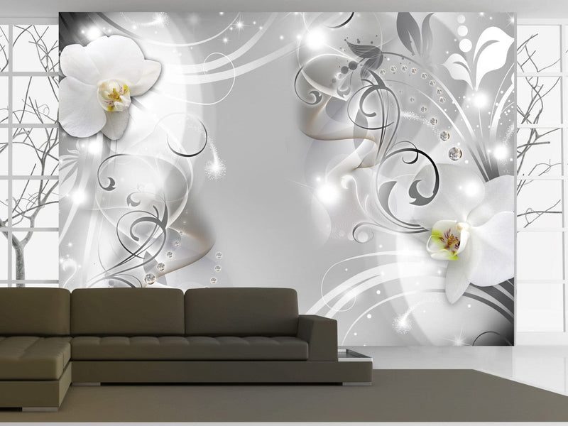 Fototapetes ar baltam orhidejām uz abstrakta pelēka fona 127116 G-ART