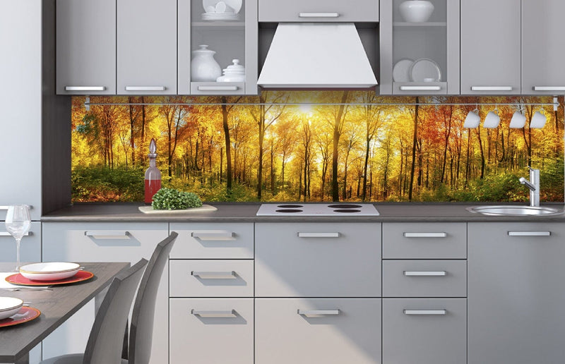 Pašlīmējošas fototapetes virtuvei - Saulains mežs 2 (260x60 cm) Art4home