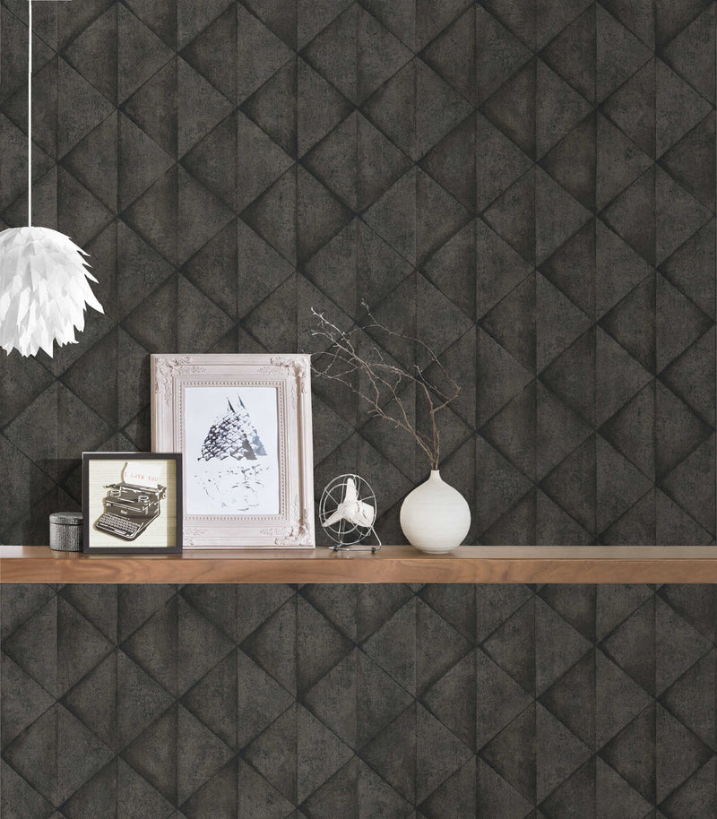 Wallpaper with concrete slabs and 3D effect in anthracite color, 377425 AS Creation