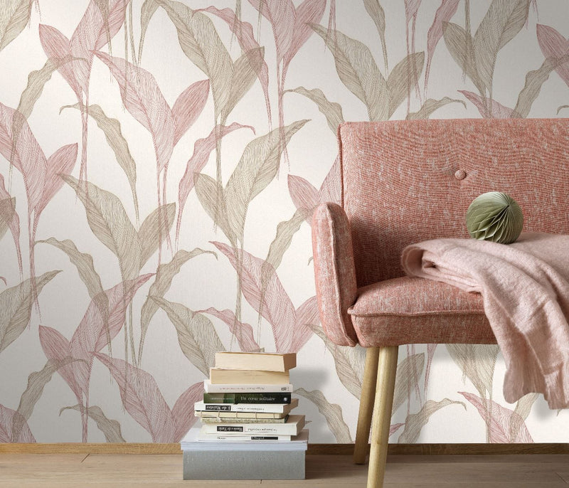 Tapetes botāniskā stilā ar lapām krēmkrāsā un rozā krāsa - 3711441 Erismann